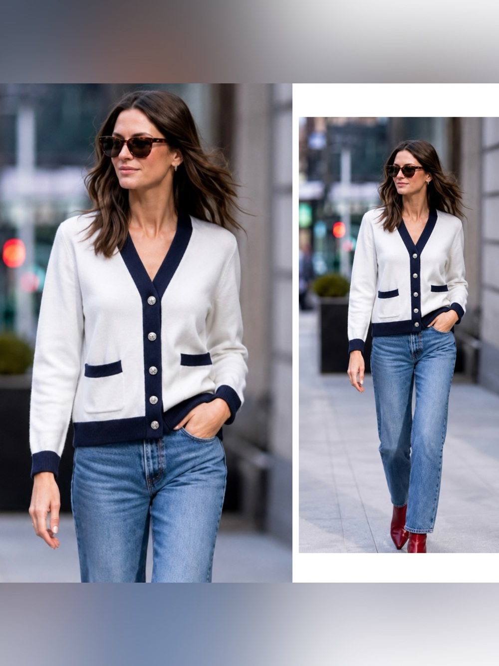 Lumiere White Cardigan with Navy Trim and Silver Button Small Minimalist